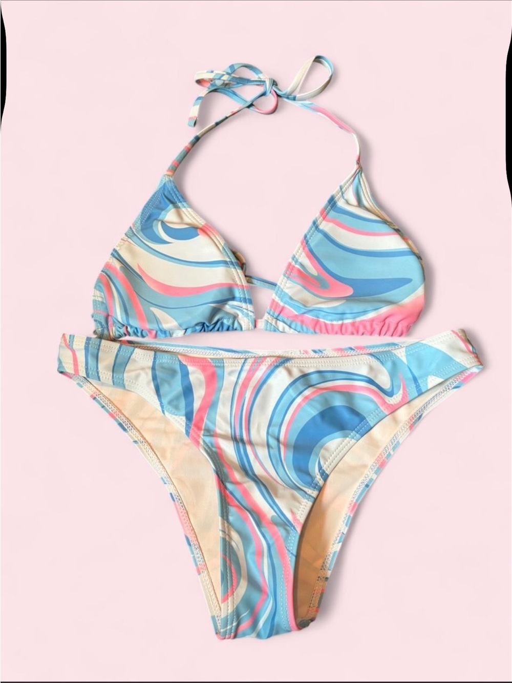 SHEIN Pastel Swirl Triangle Bikini in Blue, Pink & Cream